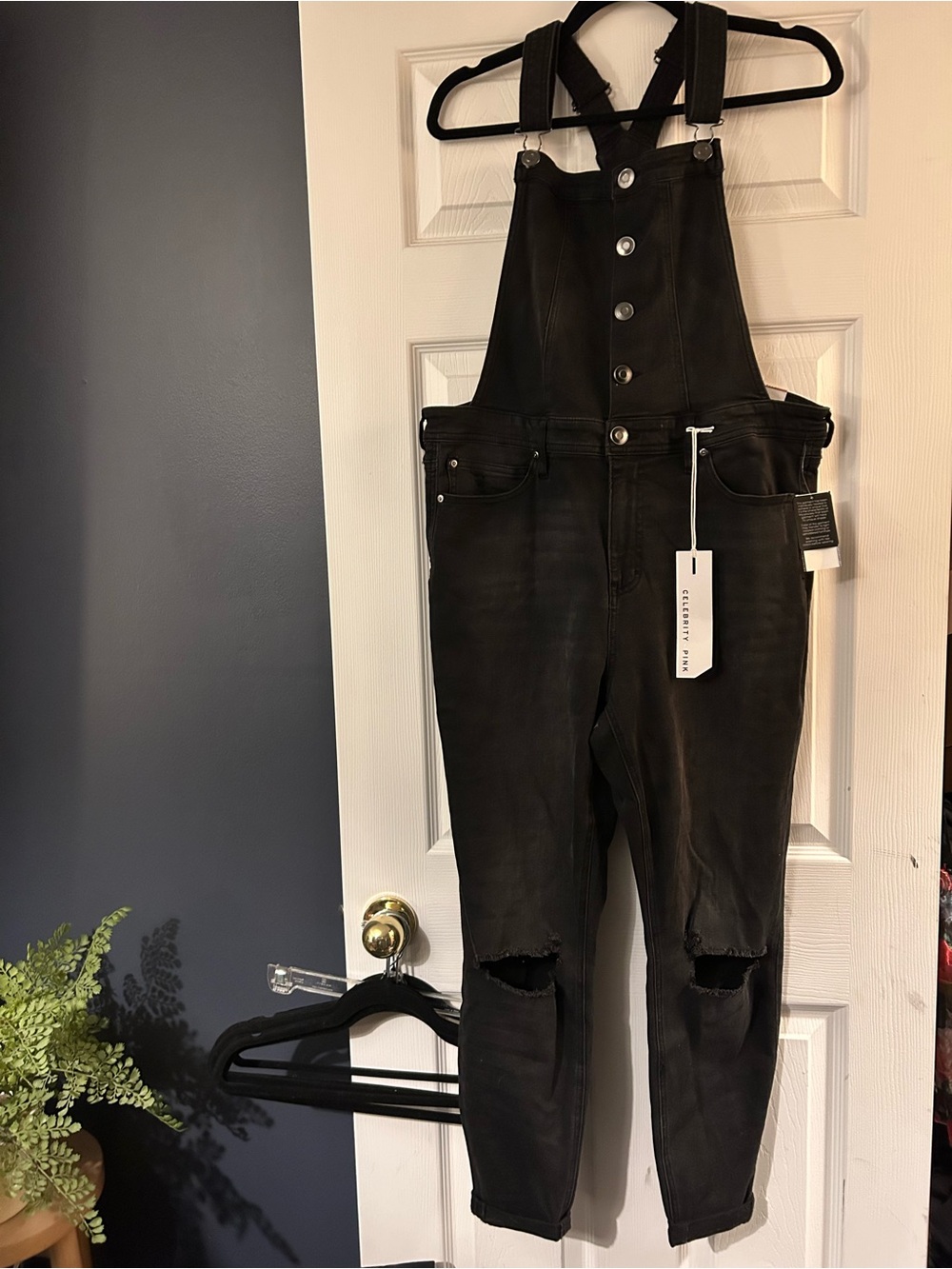 Celebrity Pink Black Denim Distressed Overalls